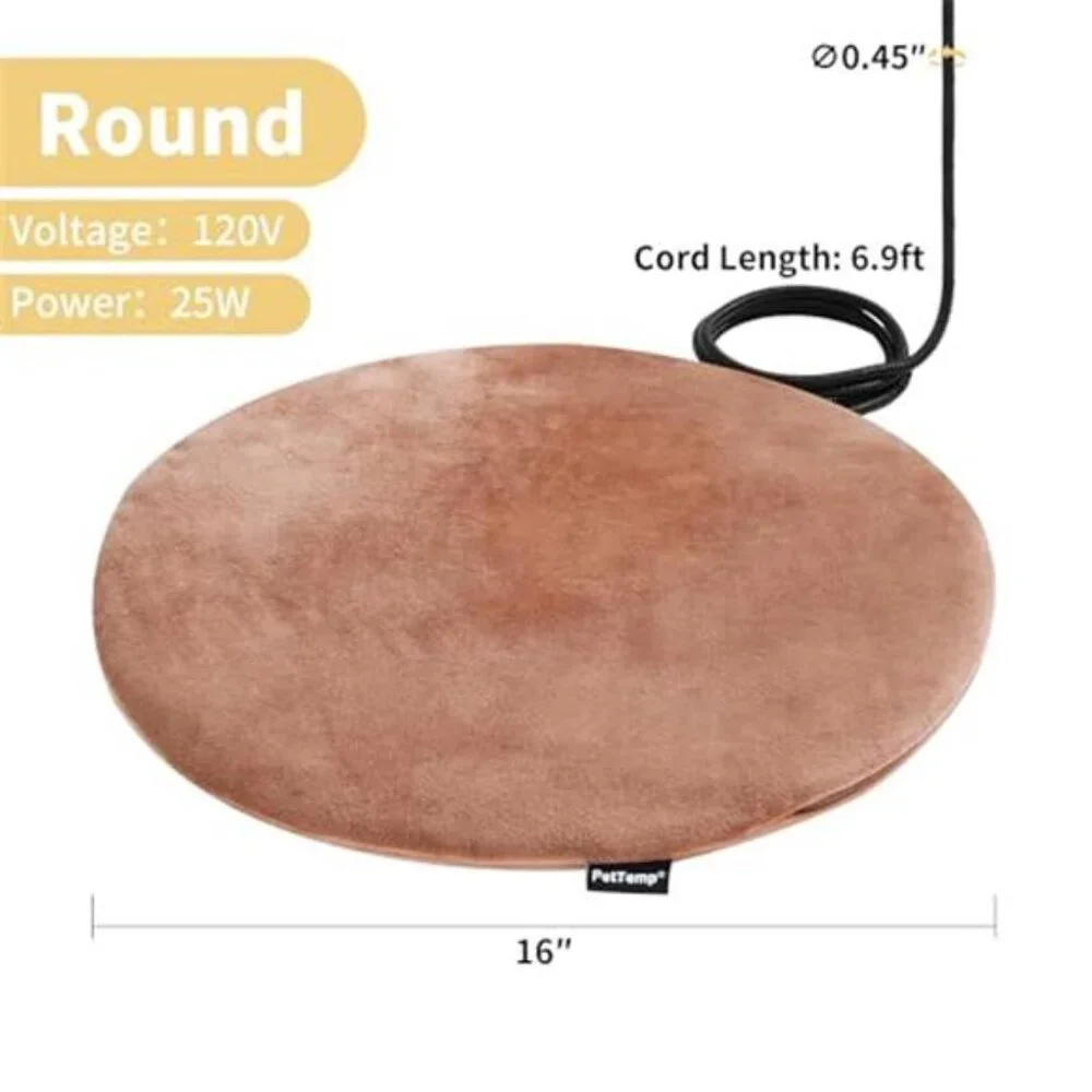 Pet Heating Pad Cat Dog Heated Bed Waterproof Round 16 Inch Indoor Outdoor Pad